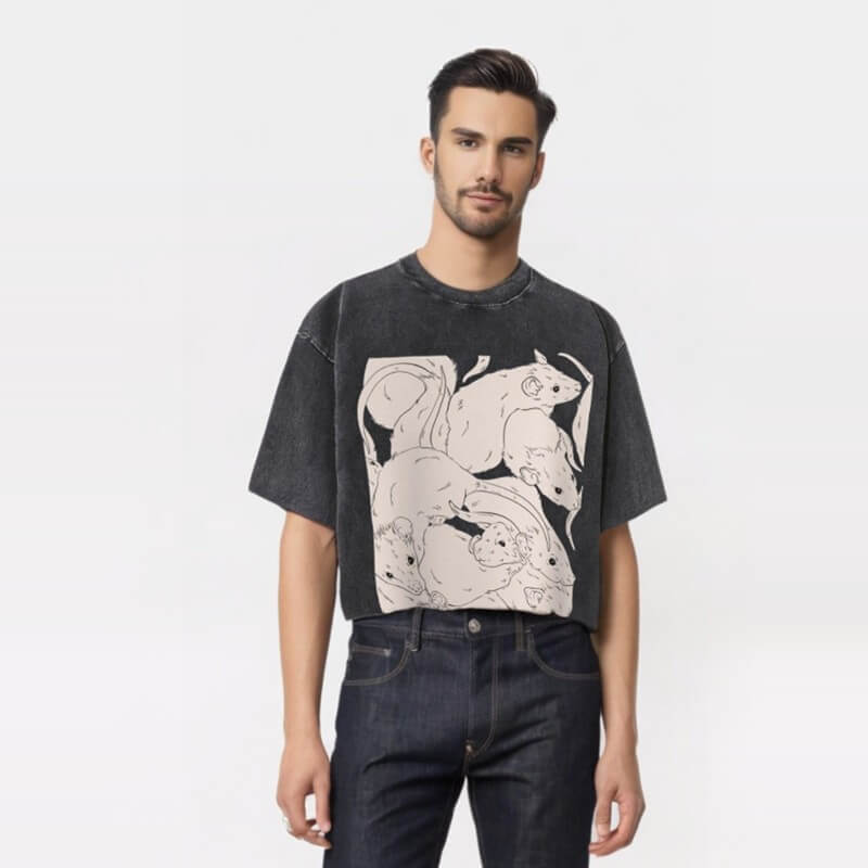 White Rats Print Washed Dark Aesthetic T-shirt