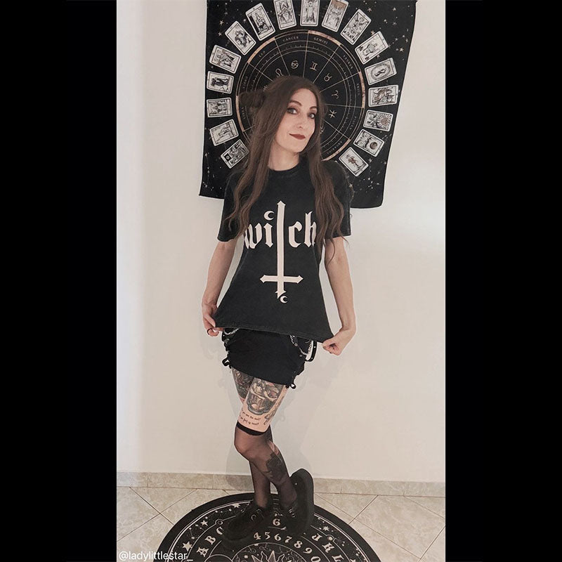 Witch Cross Moon Print Washed T-shirt