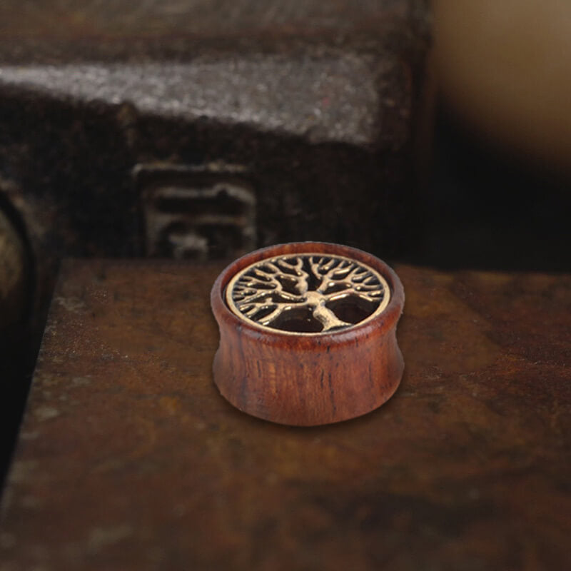 Wooden Tree of Life Brass Ear Gauges
