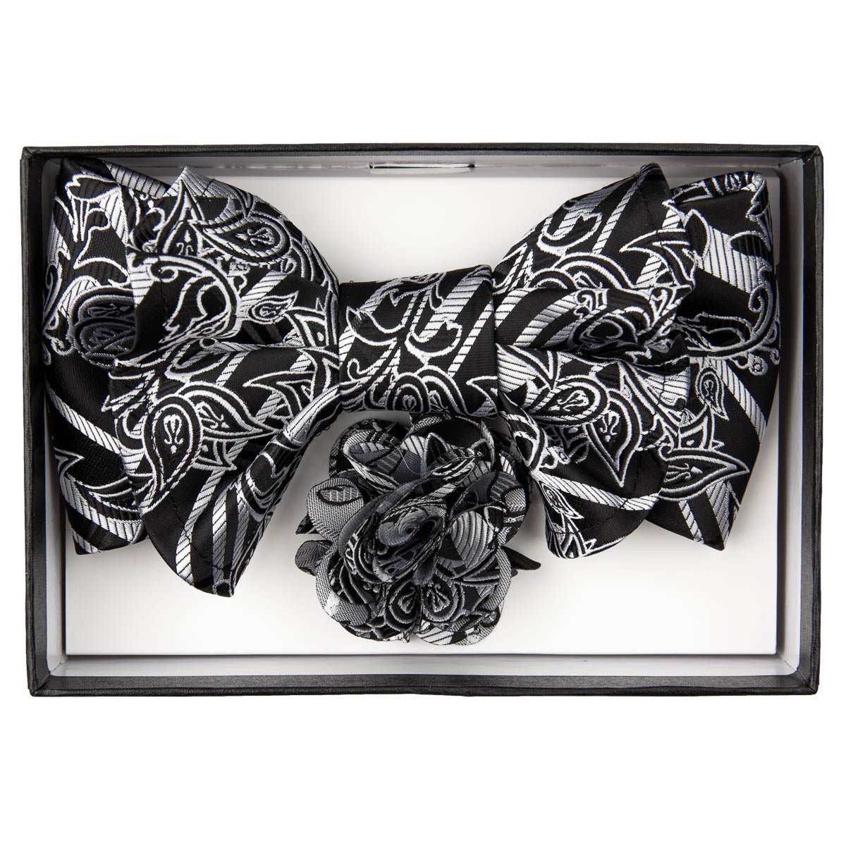 Vittorio Farina Men's Design XL Bow Tie, Pocket Square and Flower Lapel Pin in Gift Box