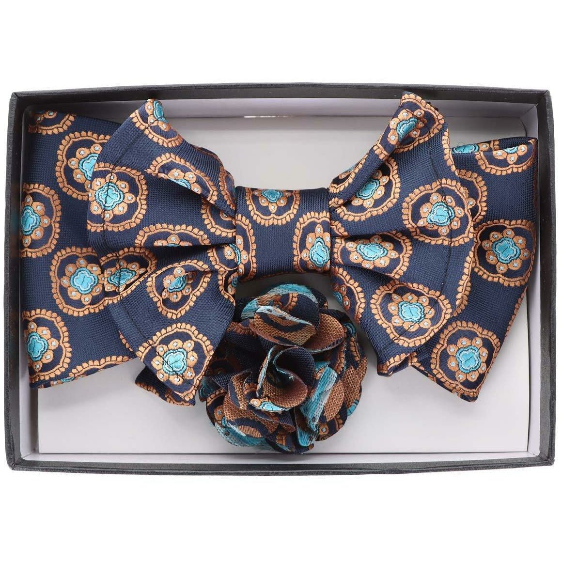 Vittorio Farina Men's Design XL Bow Tie, Pocket Square and Flower Lapel Pin in Gift Box