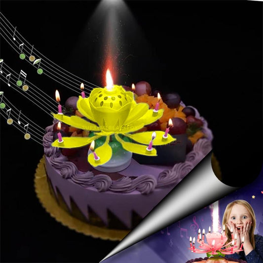 Yellow "Happy Birthday" Singing Musical Flower Candle - Rotating Party Light Magical Lotus Music Cake Candles